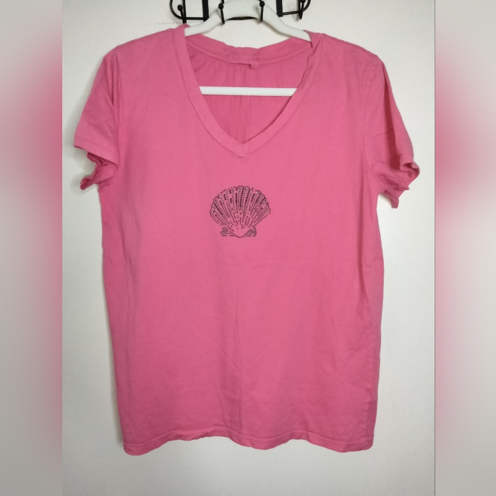 Fresh Produce (Size M) Pink 100% Cotton V-Neck Beaded Shell Graphic SS T-shirt